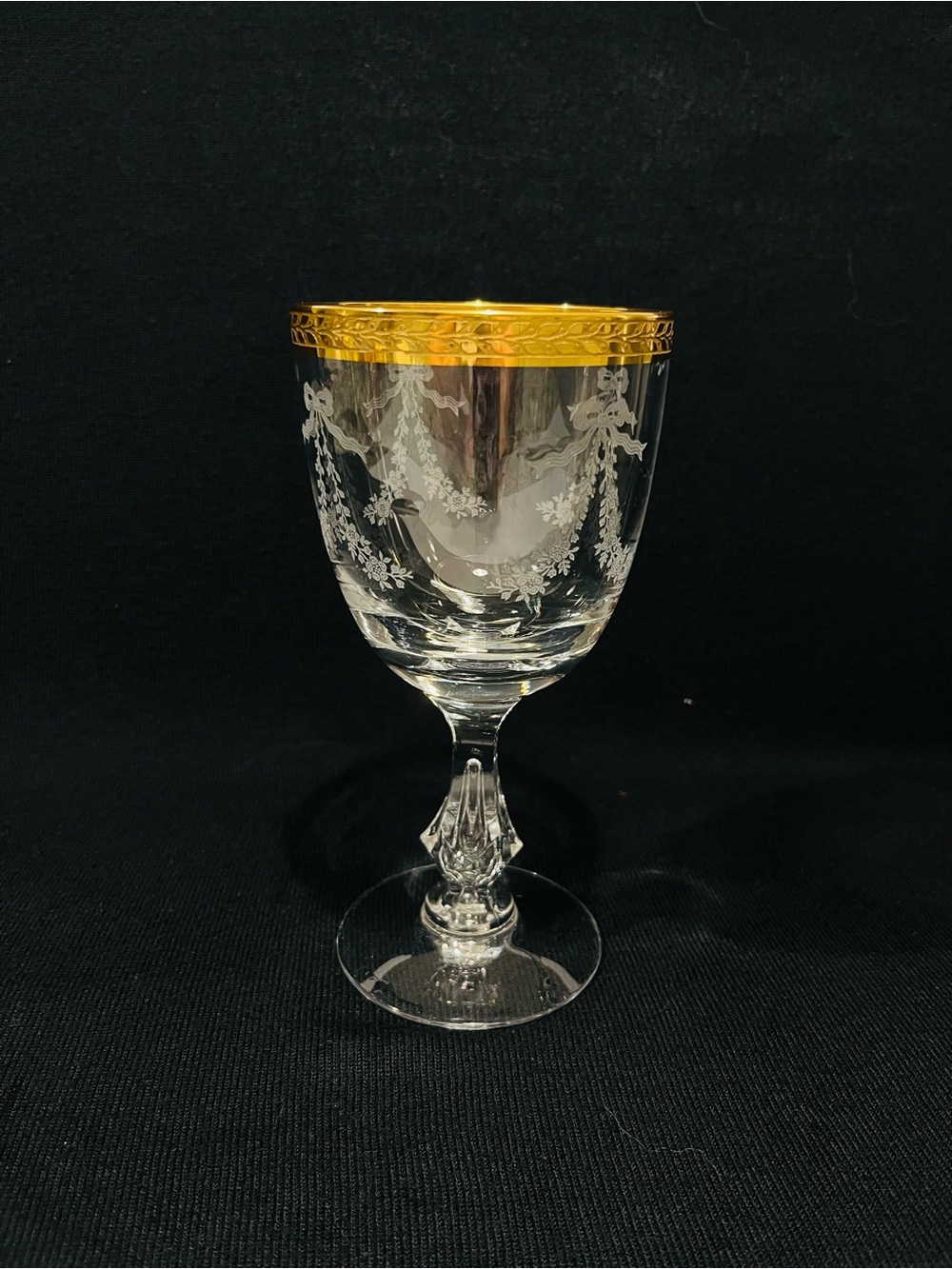 Vintage Tiffin-Franciscan Crystal Ornate Gold Rim Water Wine Goblet 7” Tall